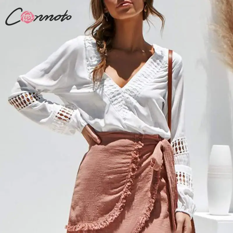 Conmoto выдалбливают белые зимние 2019 сексуальные блузки женские повседневные