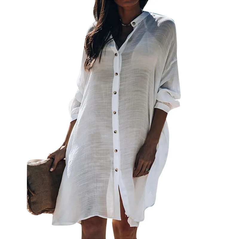 

Plus Size Beach Cover Up Women Tunics Fashion New Slubby Cotton Loose Cardigan Shirt Bikini Swimsuit With Animal Dress Bathing