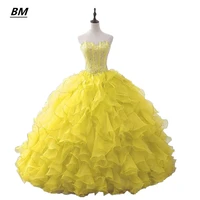 bm new yellow quinceanera dresses 2021 ball gown beaded organza sweet 16 lace up prom party debutante vestidos de 15 anos bm339