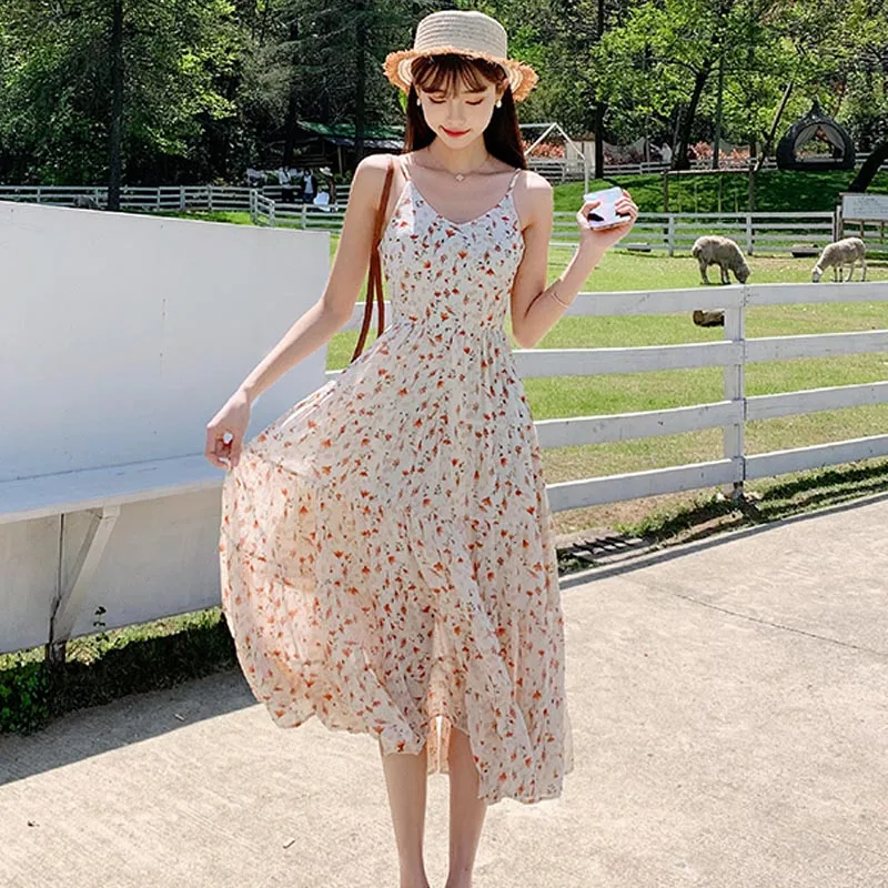

One-Piece 2021 New Korean Summer Women'S Chic Dress French Vintage Slim Waist Floral Sling Dress Temperament Sweet Chiffon Dress