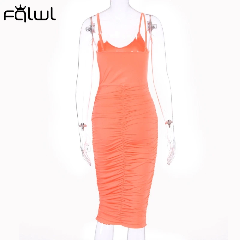 

FQLWL Pleated Sexy Bodycon Ruched Dress Women Strap Backless Wrap Midi Summer Dress Female Pencil Ladies Club Party Dresses 2020