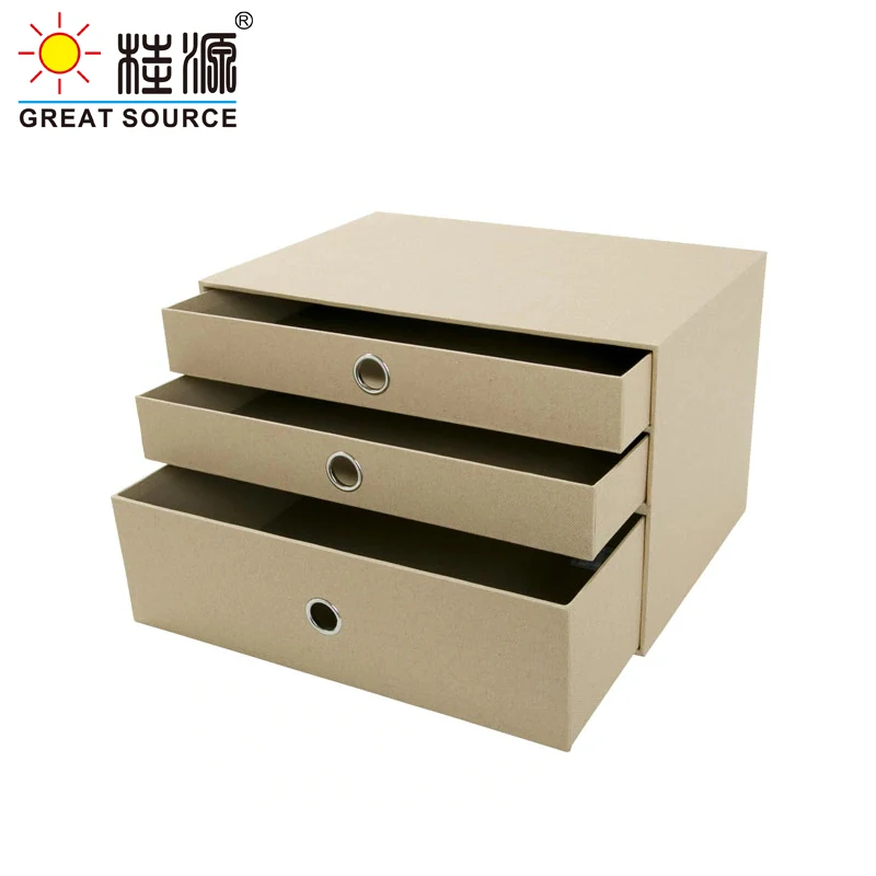 3 Layers Cabinet Cardboads Office Desk Top Organizer Home Storage 3 Drawers Cabinet Beige Faux Linen Natrual Wood Paper (2PCS)