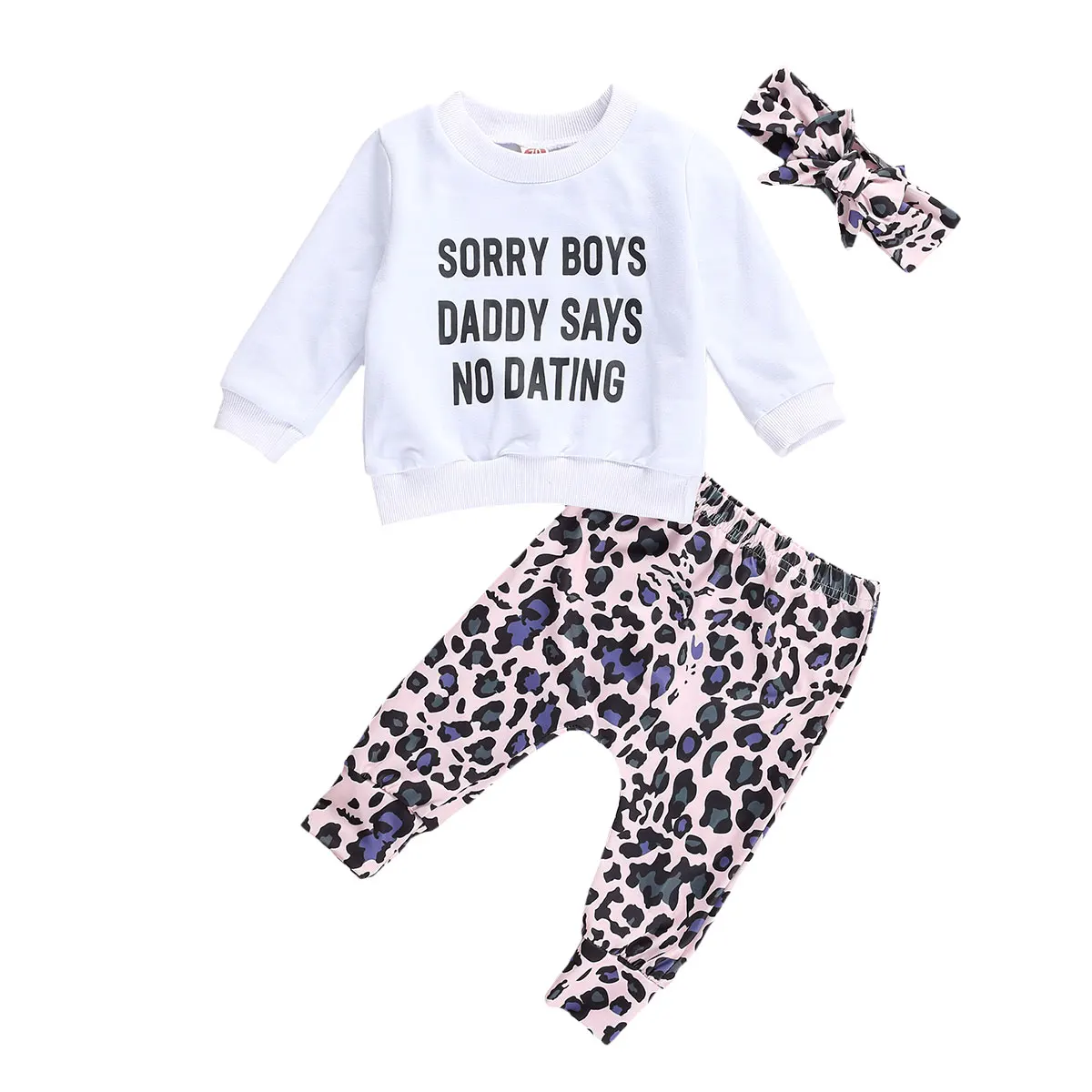 

Newborn Toddler Girls 3 Pcs Outfits Set Letter Printed Hoodies Top + Leopard Long Pant +Headband Autumn Loose Clothes Sets 0-4T