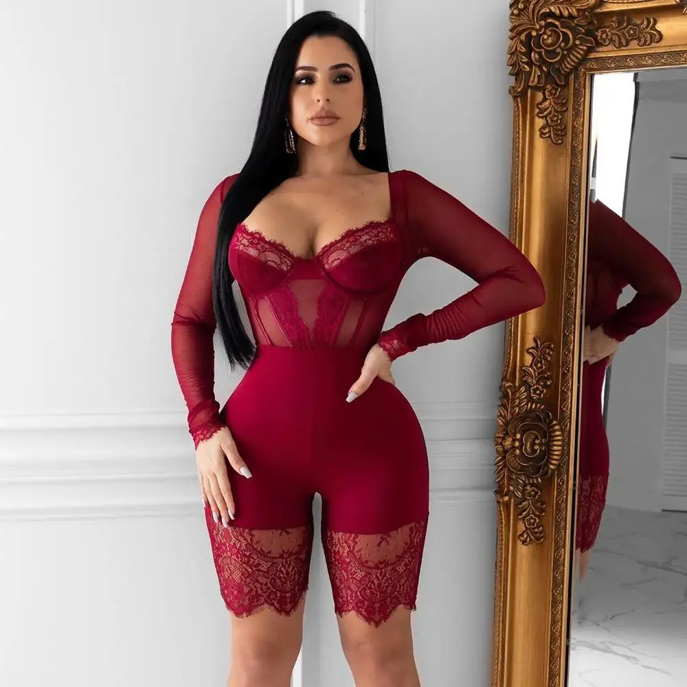 Сексуальный кружевной комбинезон с v образным вырезом черного и винного цвета