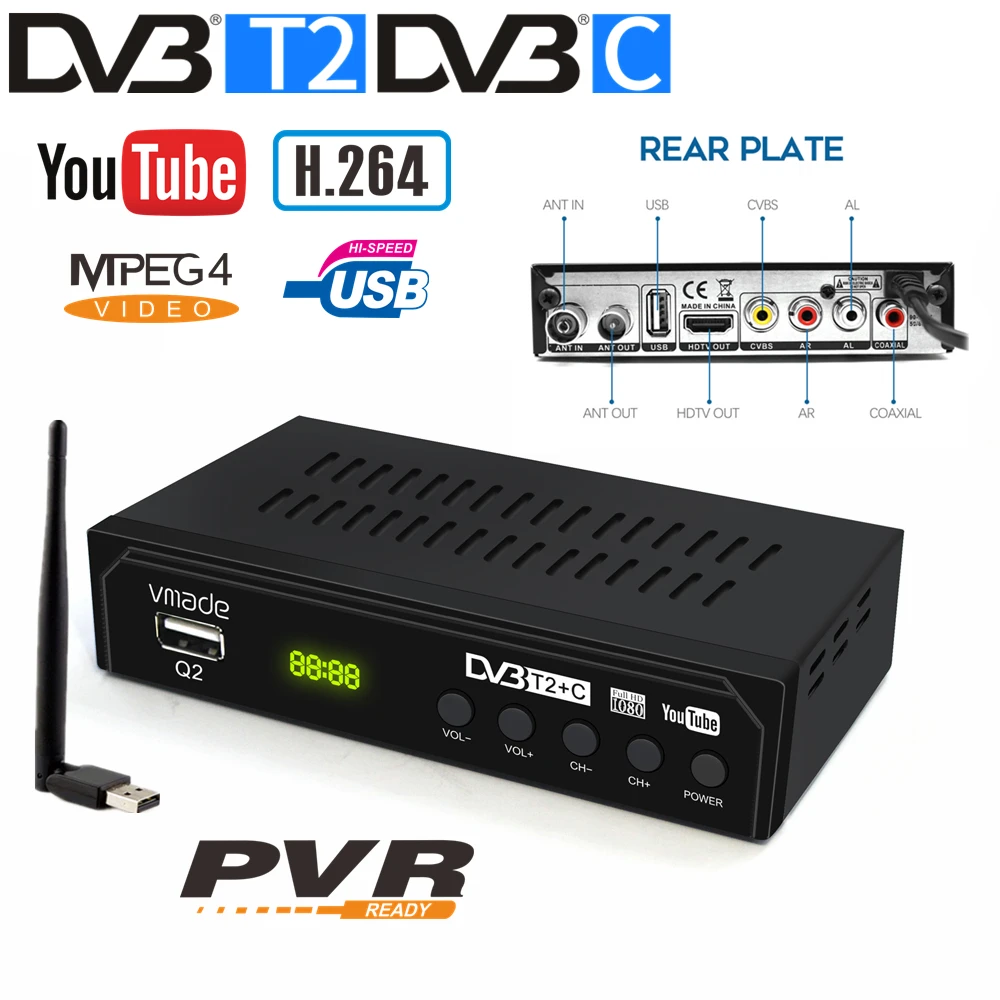 Цифровой ТВ приемник DVB T2 + C Q2 Full HD H.264 телеприставка IP TV поддержка Youtube USB WIFI ключ