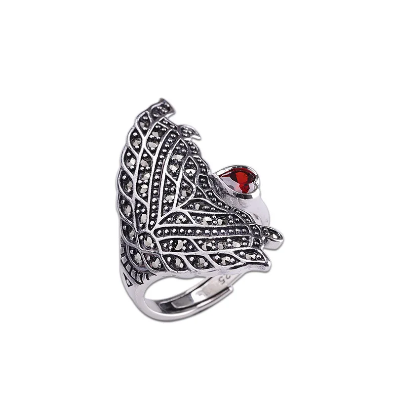 

S925 Sterling Silver Ornament Women's Heart-Shaped Pomegranate Red Ring