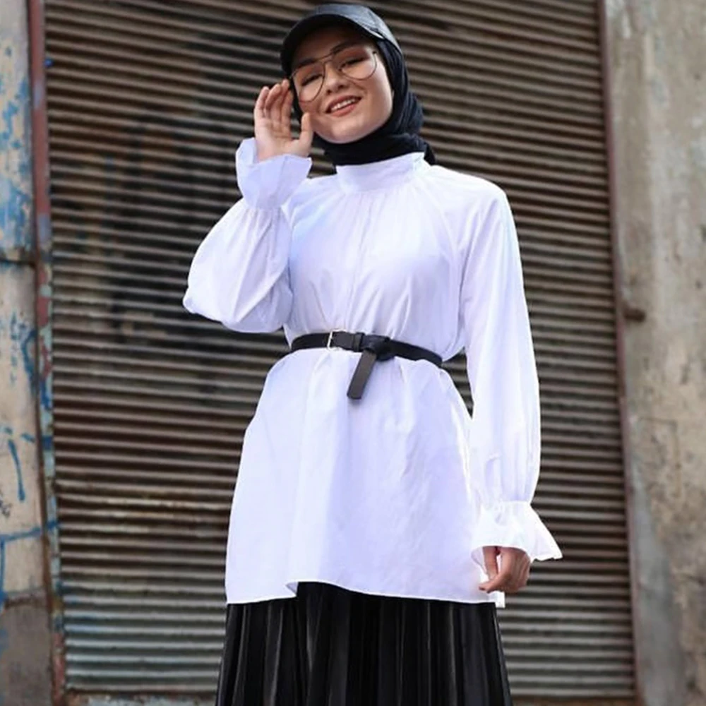 

White Shirt Muslim Women Turtleneck Flare Long Sleeve Shirt All Match Loose Plus Size Arabian Turkish Tops Female 2020