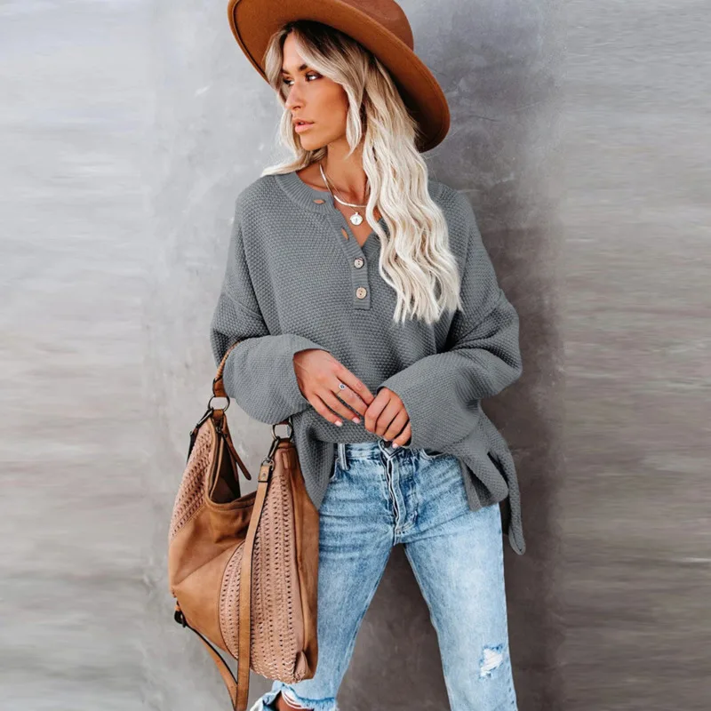 Женский трикотажный свитер с V-образным вырезом и длинным рукавом | Женская