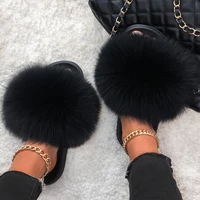 wholesale 100 real plush fox fur slippers slides lady summer flip flops cute holiday fluffy raccoon fur sandals shoes