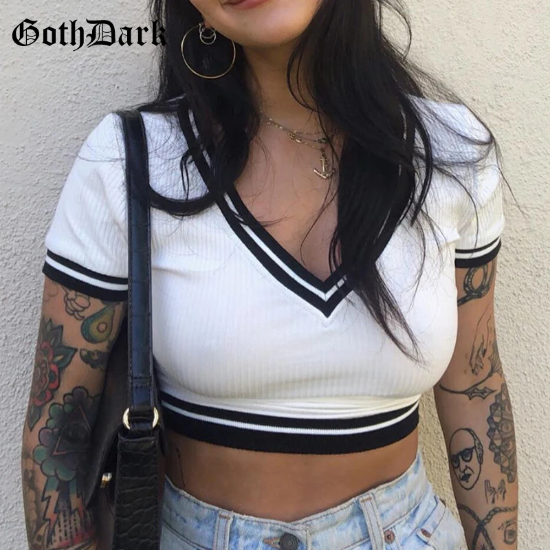 Goth Dark готическая Сексуальная летняя футболка с глубоким v образным вырезом белая