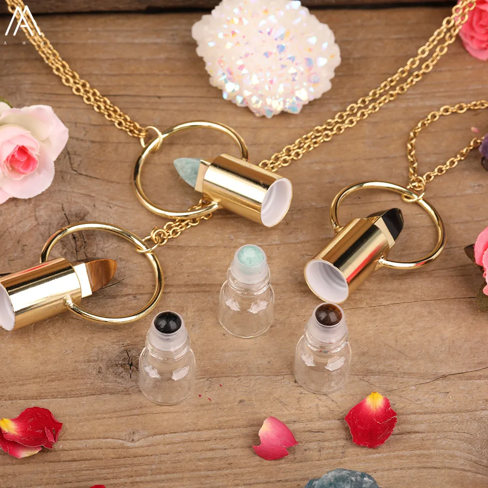 

2ML Natural White Turquoises Lemon Quartz Stone Bullet Head Hoop Essential Oil Diffuser Roller Bottle Pendant Necklace Women