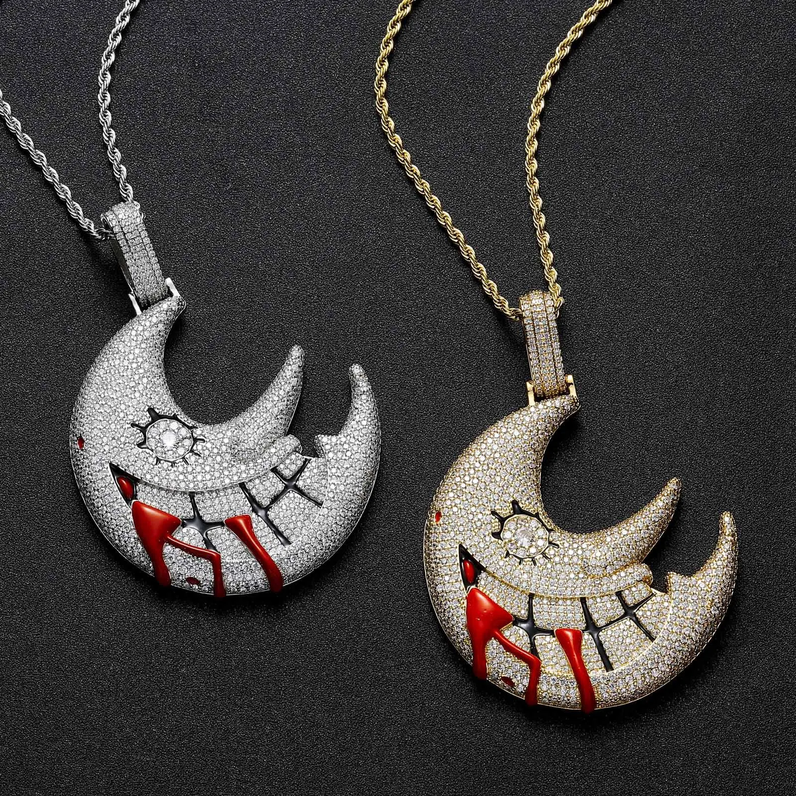 

Evil Moon Bleed Drip Hip Hop Pendant Charm Necklaces Women Men Copper Cubic Zirconia Jewelry Gift With 24inch Rope Link Chains