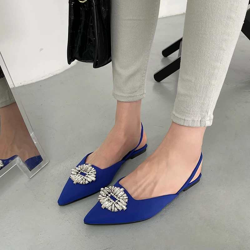 Женские босоножки с острым носком черные/зеленые/синие/розовые на плоской