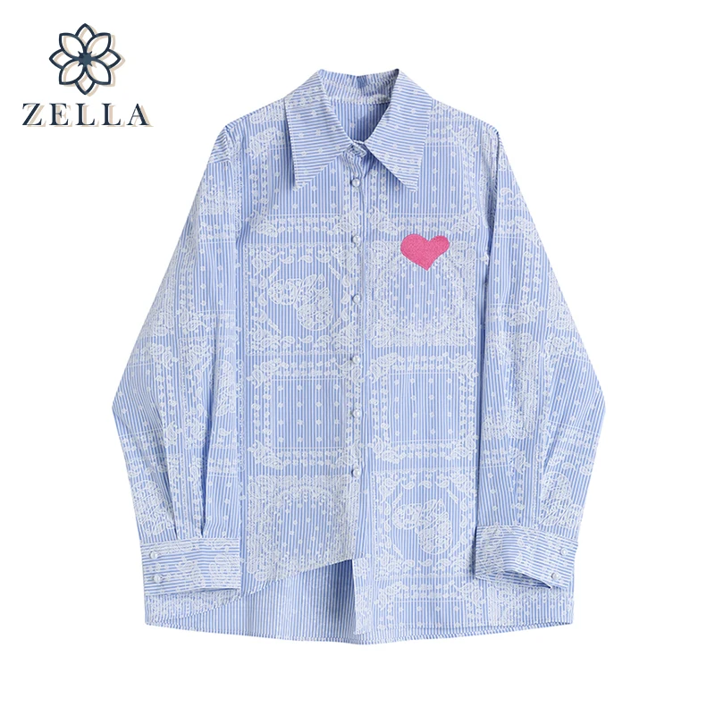 

Y2K Женская модная полосатая рубашка, винтажные блузки, свободная повседневная женская рубашка-поло с длинным рукавом в стиле Харадзюку, Офи...