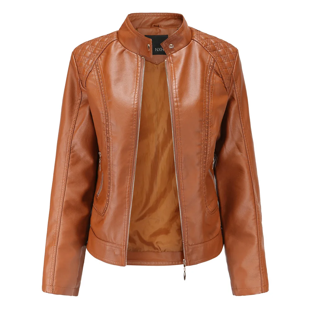 New 2021 Spring Autumn Women's Leather Jacket Temperament Plus Size Stand-up Collar PU Leather Jacket Women's Leather Jacket