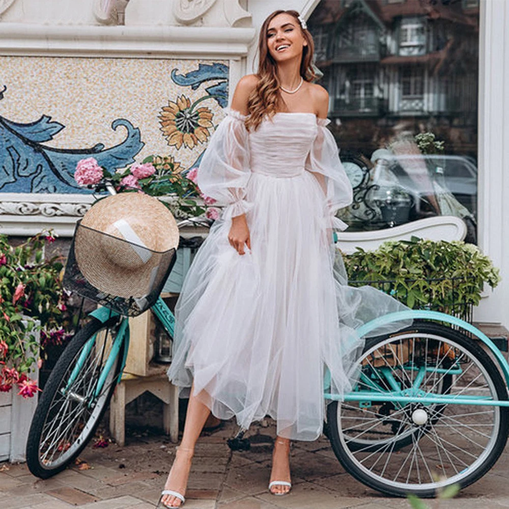 

Женское ТРАПЕЦИЕВИДНОЕ свадебное платье, фатиновое платье принцессы с открытыми плечами и длинными рукавами-фонариками, платье на молнии, ...