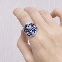 real 925 sterling silver enamel flower tree bird adjustable ring for women vintage ethnic boho wide finger rings jewelry jz019