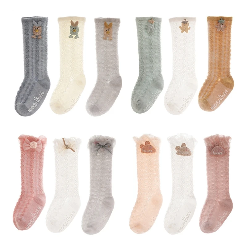 

D0AF Infant Baby Girls Summer Thin Knee High Long Socks Cute Cartoon Bow Mesh Lace Anti-Mosquito Skid-Proof Silicone Toddlers