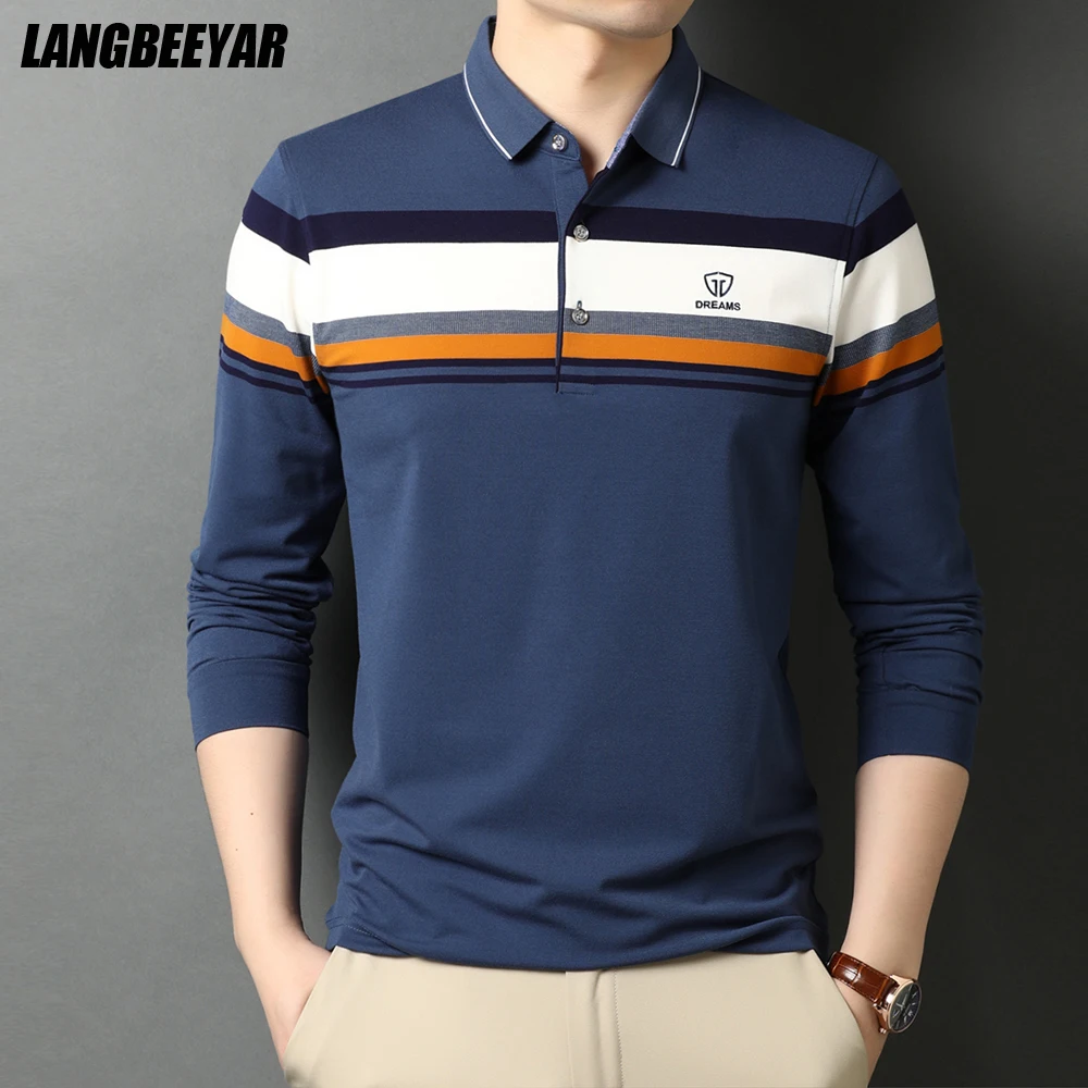 

New Top Quality Fashion Brand Striped Casual Designer Long Sleeves Man Stretch Polo Shirt Plain Korean Tops Men Clothes