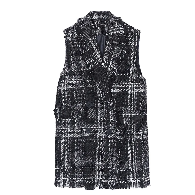 

Spring Sweet Plaid Pocket Fringed Tweed Large Black Vests Lady Small Fragrance Loose 4XL Korean XXXL Women's Fashion Casual Vest