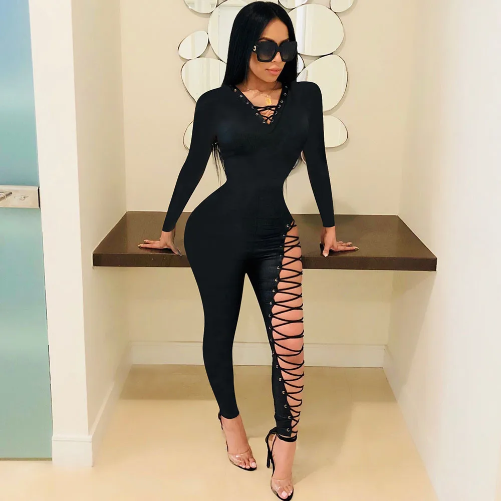 

Sexy Jumpsuit Clubwear Party Romper Women V-neck Long Sleeve Cross Lace Up Hollow Out Bodycon Bandage Jumpsuit Club Outfits
