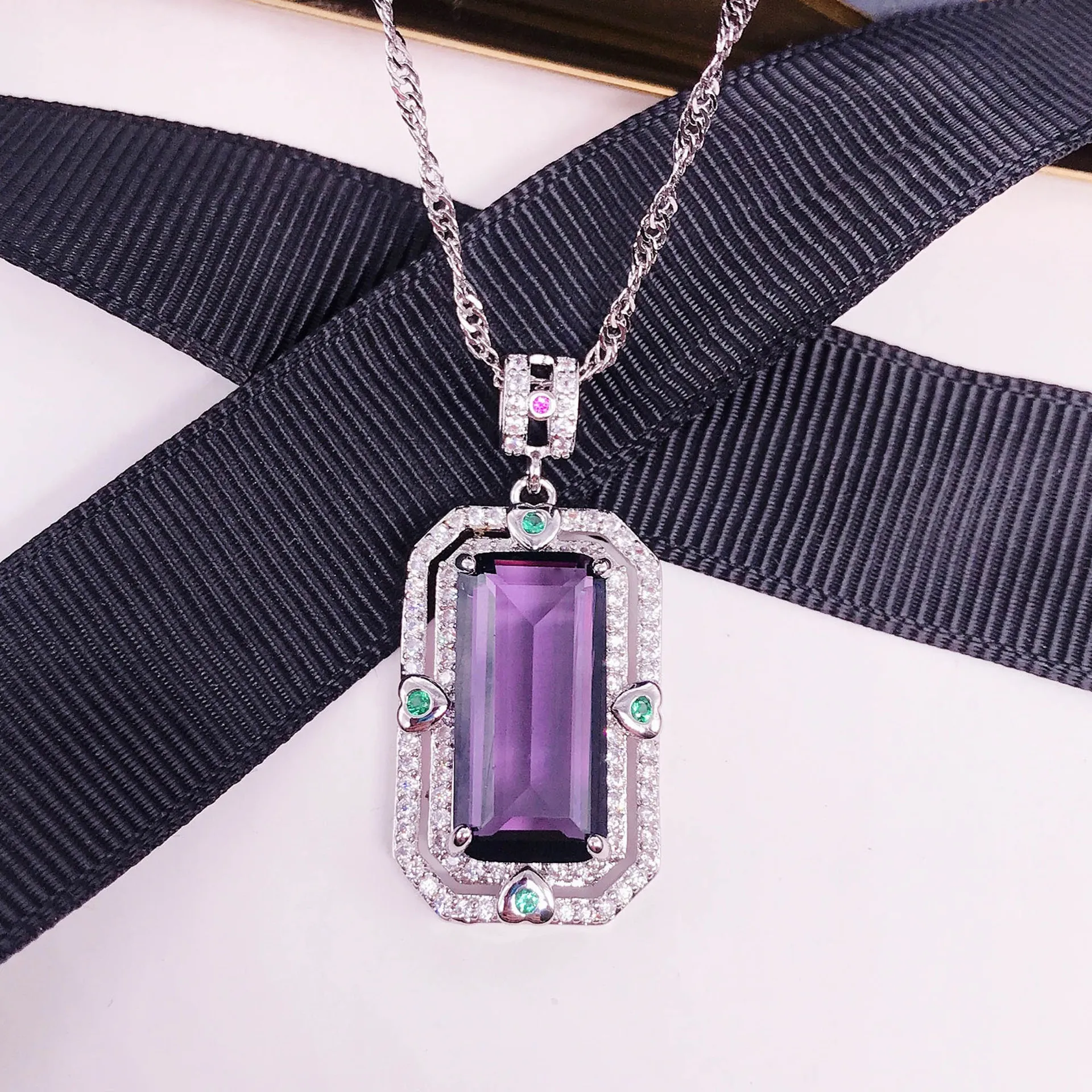 

RUZZALLATI Trend Vintage 925 Silver Pendant Necklace for Women Square Cut Zircon Crystal Sweater Necklace Chains Fine Jewelry