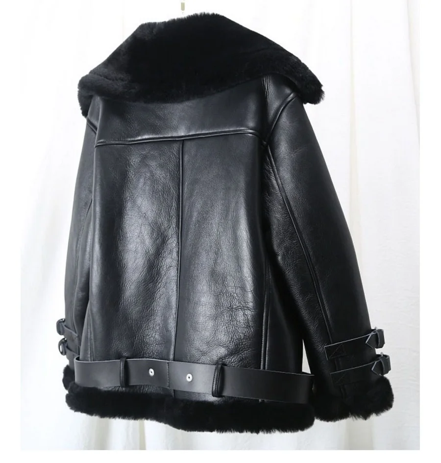 Winter Lamb Fur Bomber Real leather Jacket Women New Sheepskin Double Face Shearling Coat Oversized Genuine Leather Jackets