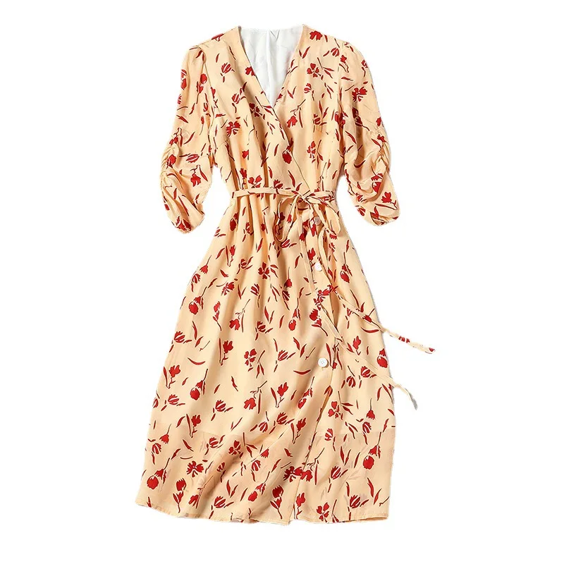 

2021 summer pullover silk skirt high waist printed mulberry silk temperament commuter apron lace-up dress female