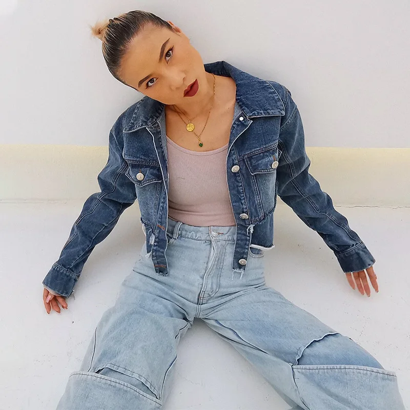 

Korean Design 2023 Spring New Temperament Street Lapel Long-Sleeved Ripped Design Denim Short Jacket