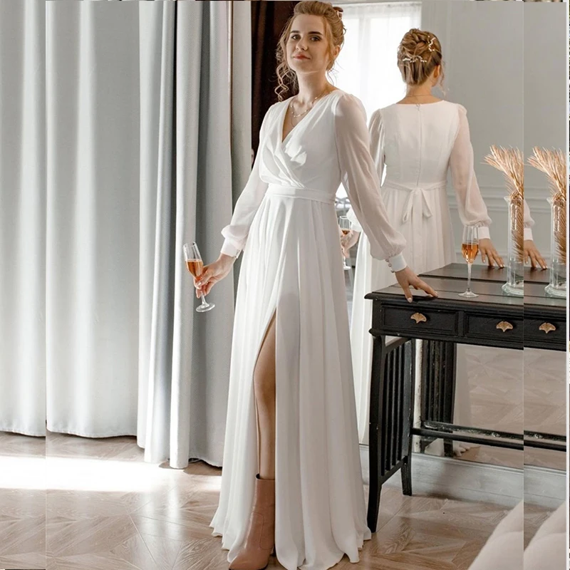 Chiffon Long Sleeve Wedding Dresses 2021 A-Line Side Slit V-Neck Pleat Simple Civil Bridal Gown Floor Length Bow Sashes Zipper