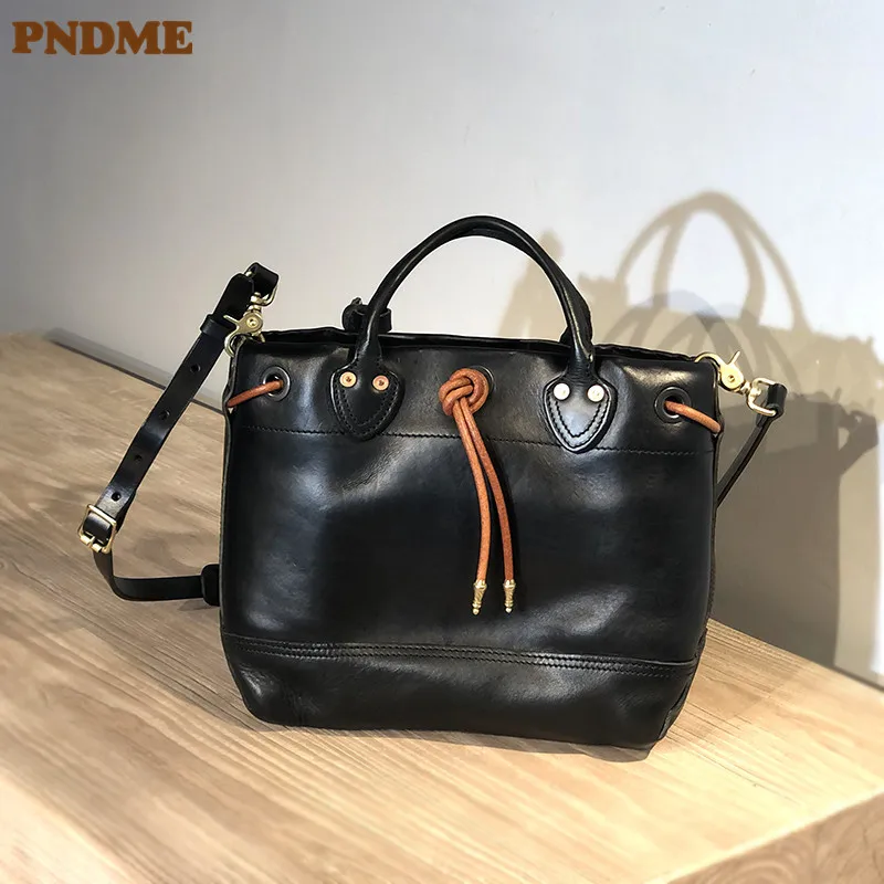 PNDME fashion luxury natural genuine leather men women's black handbag casual designer real cowhide shoulder messenger bag
