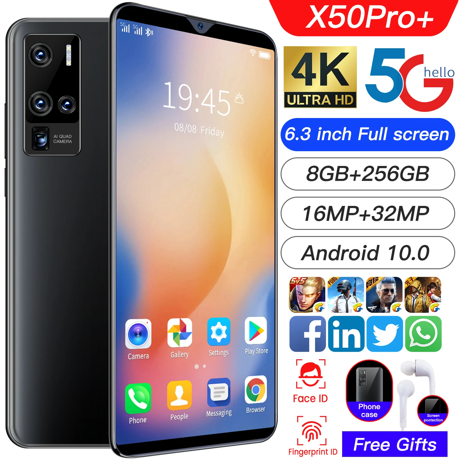 

X50 Pro+ 6.3 Inch Smartphones Android10 8+256GB Mobile Phone MTK6875 10-Core 4800mAh Battery Dual SIM Card 5G Network Cellphones