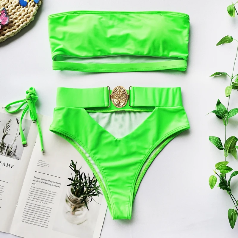 

Black White High Waist Bikini Buckle Swimsuit Women Bandage Swimwear Cut Out Bathing Suit Tube Biquini Sexy Bikini Female 2020