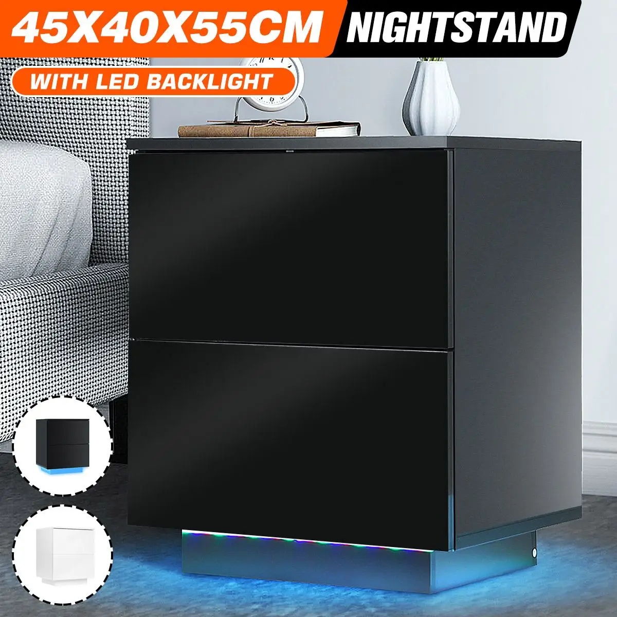 

LED Bedside Table Modern Nightstand With High Gloss 2 Drawers File Cabinet Storage Holder Chest Bedroom Furniture Bed Side Table