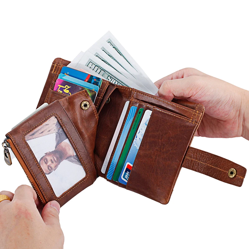 Кошелек мужской из натуральной кожи тонкий бумажник кофейного цвета на молнии