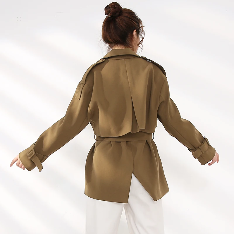 

Brown Big Women Size Short Trench New Lapel Long Sleeve Loose Fit Windbreaker Fashion Tide Spring Autumn 2021 1DB30117