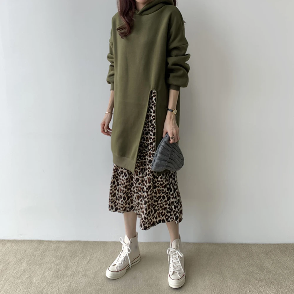 

Korean Fashion 2021 Autumn Winter New Hooded Splicing Leopard Casual Simplicity Dress Fake Two Loose Women's Clothing