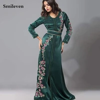 smileven hunter green embroidery moroccan kaftan evening dress long sleeve v neck muslim party dress middle east prom party gown