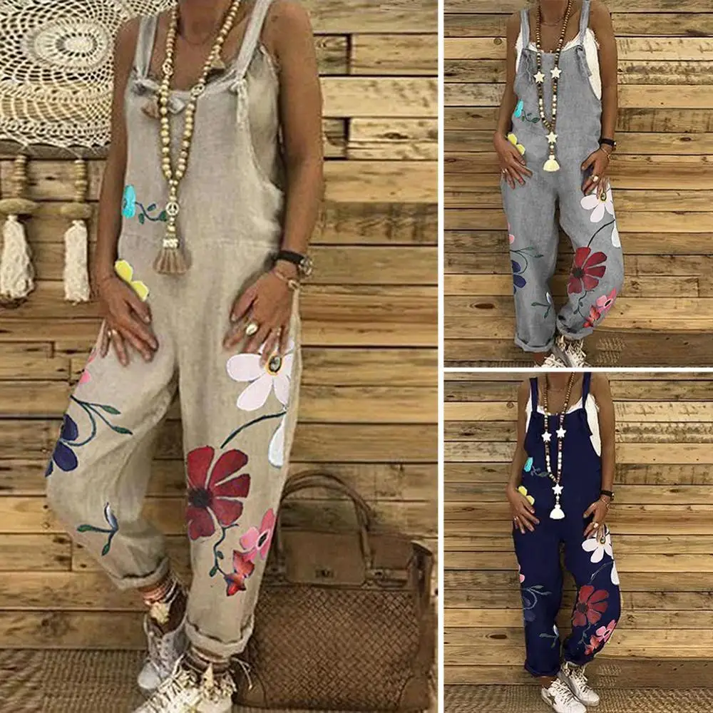 

Women Sleeveless Floral Print Pockets Long Pants Loose Overall Jumpsuit Romper