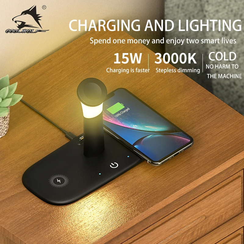 

COOLWOLF Multifunctional Night Light Wireless Charger 15W 5IN1 Fast Wireless Charger Watch Phone Earphone Using Wireless Charger