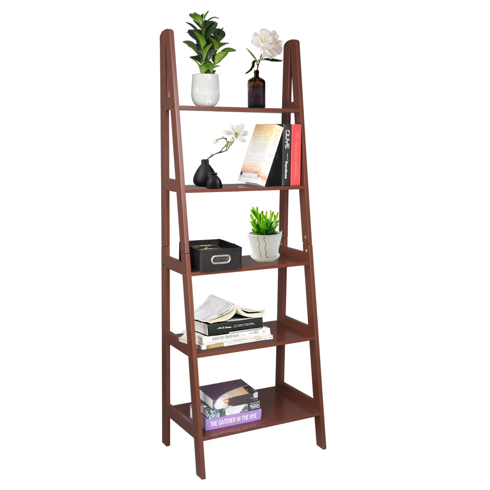 

US WarehouseLadder Shelf, 5-Tier Multifunctional Modern Wood Plant Flower Book Display Shelf, Home Office Storage Rack Leaning