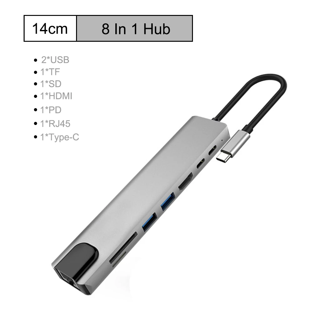 

8 in 1 USB Type-C Hub To 4K HDTV Adapter USB C Hub PD Fast Charge TF SD RJ45 Reader Multifunction Adapter for MacBook Pro/Air