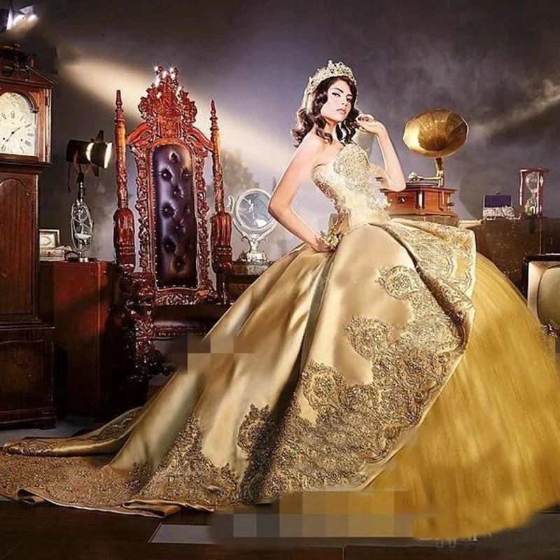 

BM Princess Puffy Gold Ball Gown Quinceanera Dresses 2021 Appliques Prom Gowns Crystals Lace-up Sweet 16 Dress Custom BM405