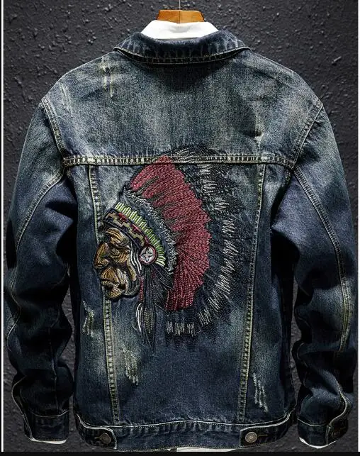 

Men Jeans Jacket Denim Coat Embroidered Cacique American Indian Vintage
