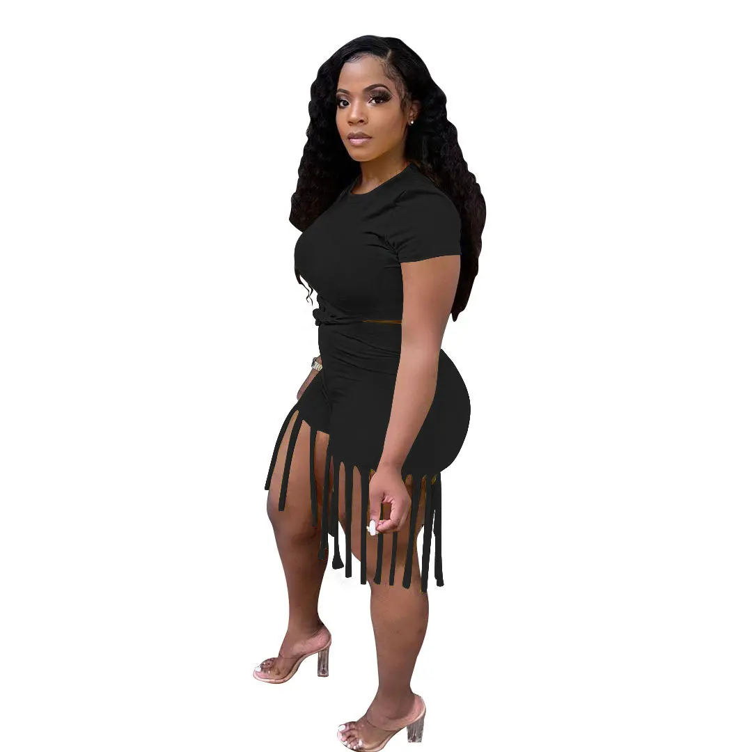 

2021 New European and American Plus Size Women's Fashion Solid Color Round Neck Tassel Two-Piece Casual Suit Cute Casual Plus Si