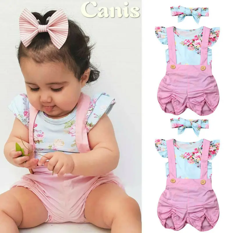 

Baby Infant Kids Girls Summer Clothes Floral Romper Bib Pants Hair Band 3Pcs Set
