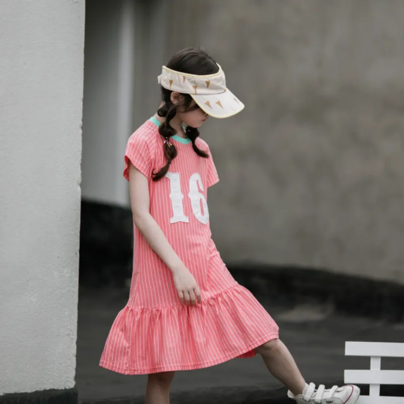 4 6 8 10 12 14 16 Yrs Summer Stripe Letter Printed Girls Dress Children Cotton Ruffle Dresses Teen Casual Sport Clothes | Детская одежда