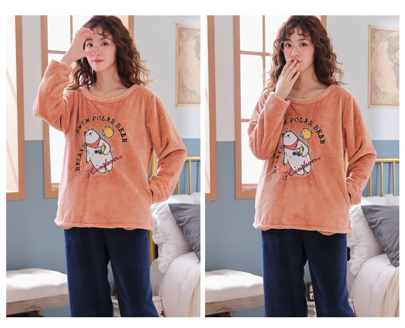 Зимняя теплая Фланелевая пижама, Женский пижамный комплект с мультяшным принтом, плотная пижама с длинным рукавом, пижама размера плюс, 3XL, 4XL, 5XL, одежда для сна