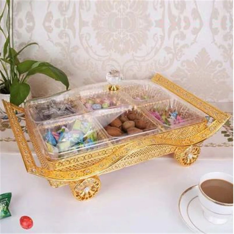 

Nut fruit candy box European luxury gold golden plate Acrylic split with lid creative modern household snack tray