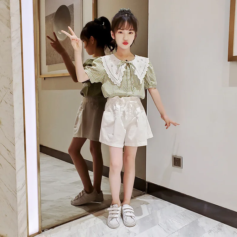 

Girls' Suits In Summer, New Plaid Short Sleeves+fashionable Shorts, Two-piece Suit for Children Baby Girl Clothes